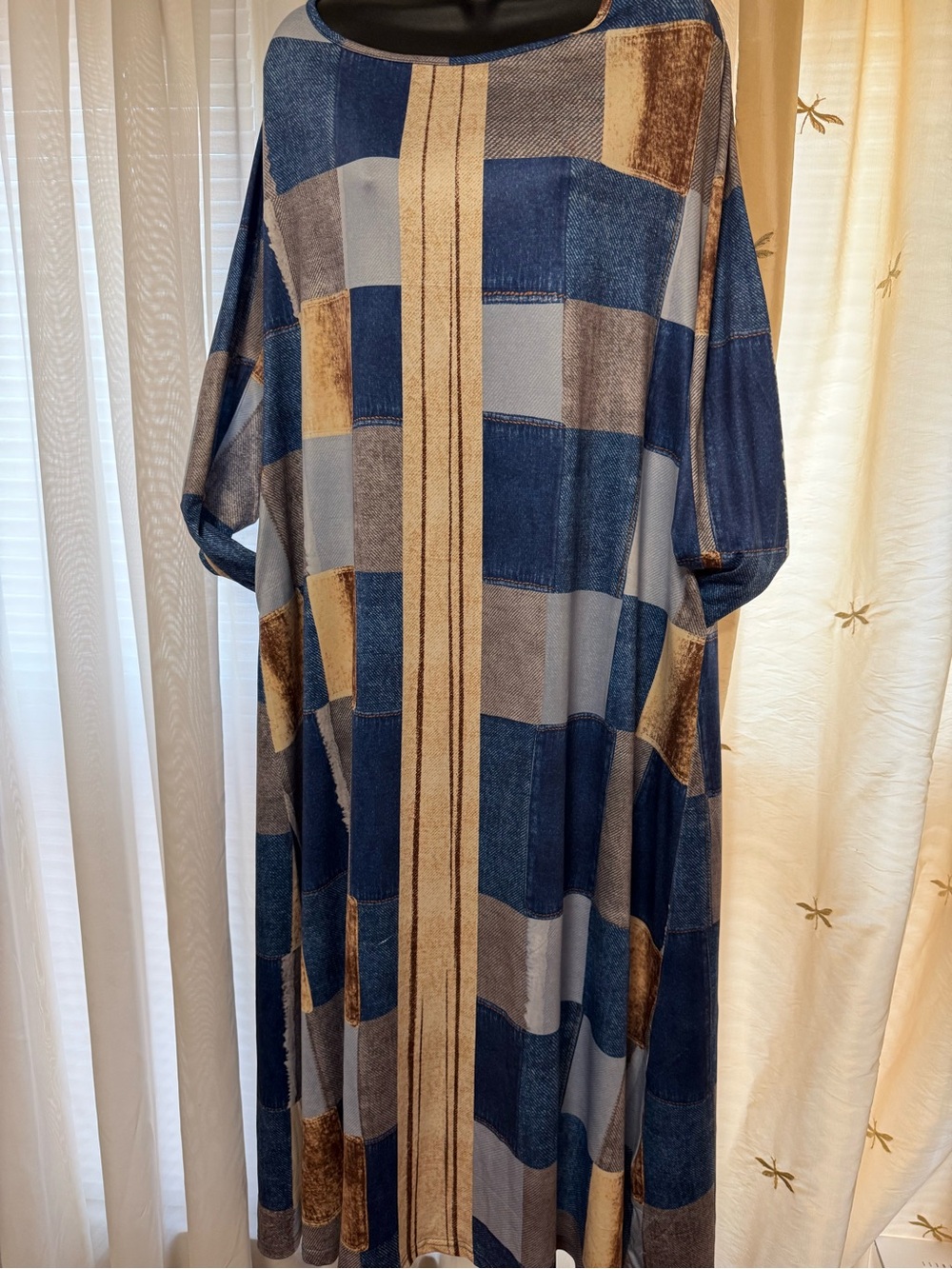 Blue and Tan Patchwork Maxi Dress with Center Stripe